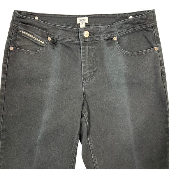 Cache Y2K Low-Rise Bootcut Jeans Sz 8 Black Cropped Wide-Leg Bling Pockets FADED - Picture 4 of 15